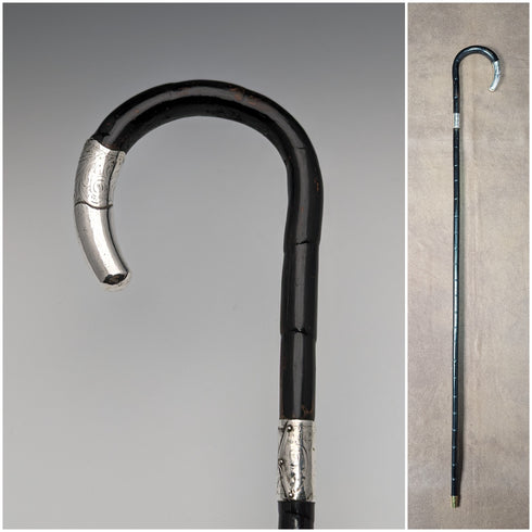 約 1910 年英國古董女士手杖,弧形手柄,純銀裝飾,83 厘米